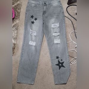 Gray Distressed Mens Star Jeans